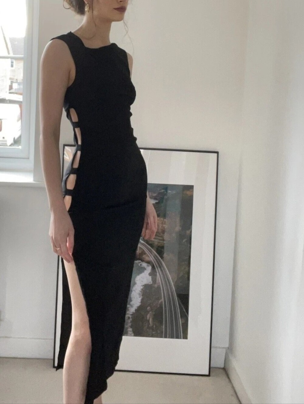 Zara black midi dress in L with side cut outs and asymmetric neck line New - Picture 2 of 16